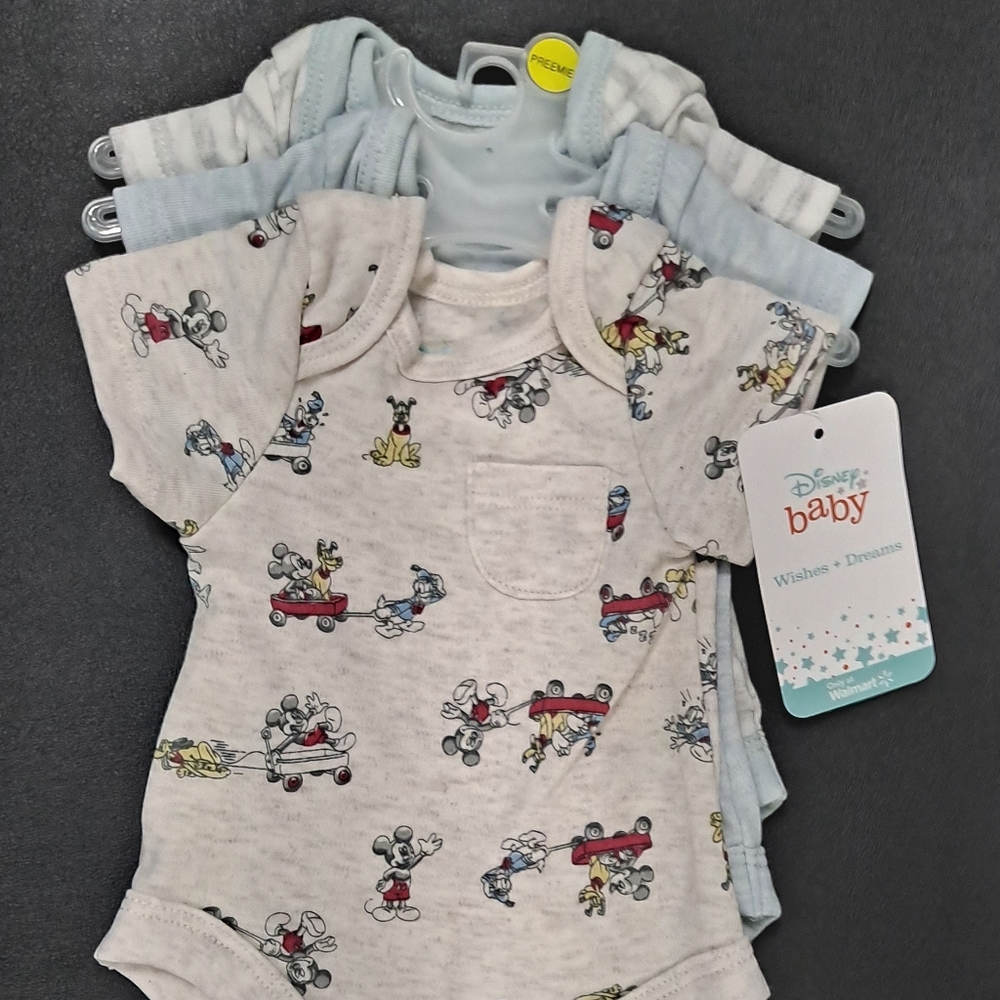 Preemie baby boys' 3-piece bodysuit set features Mickey Mouse.